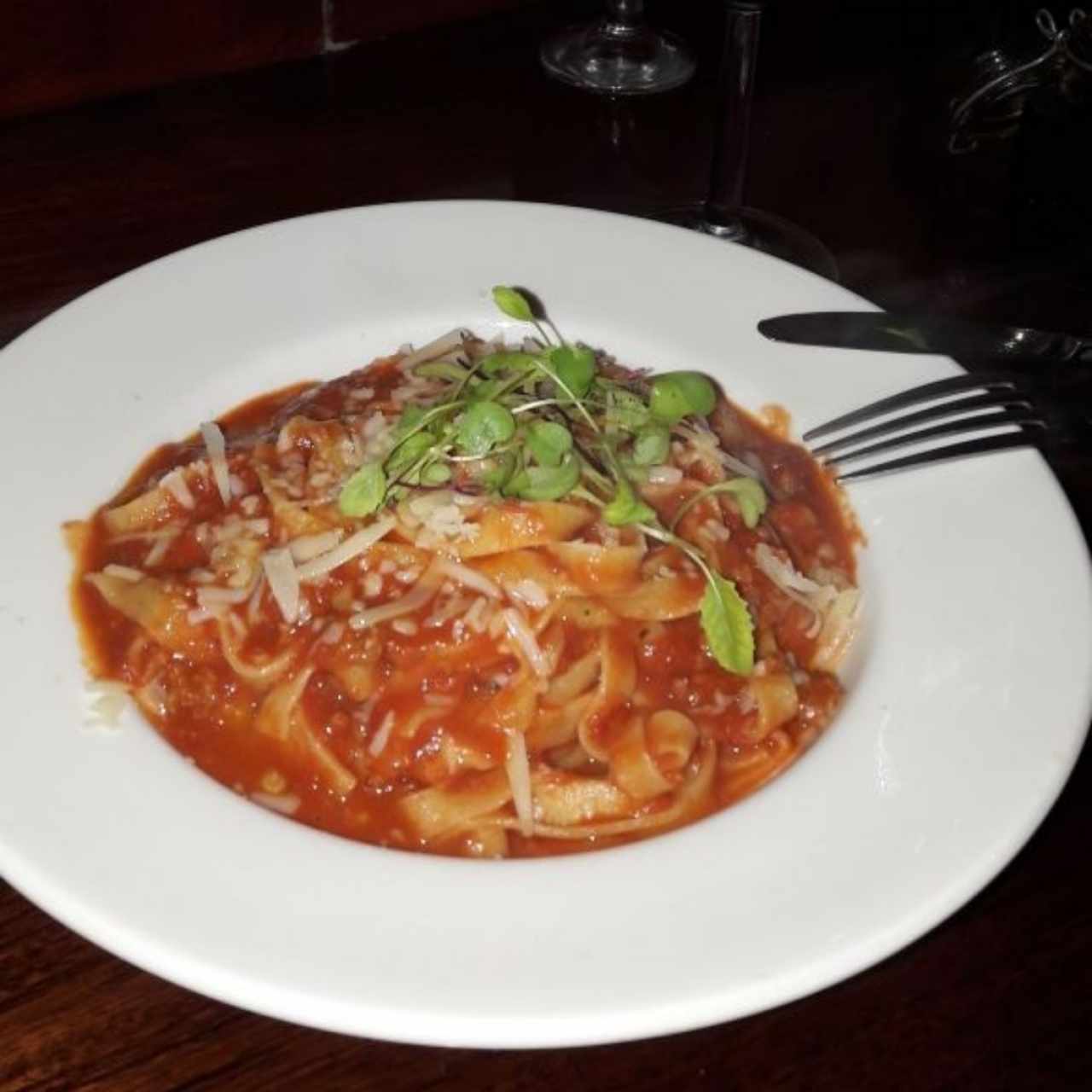 Tagliatelle con chorizo picante de la casa