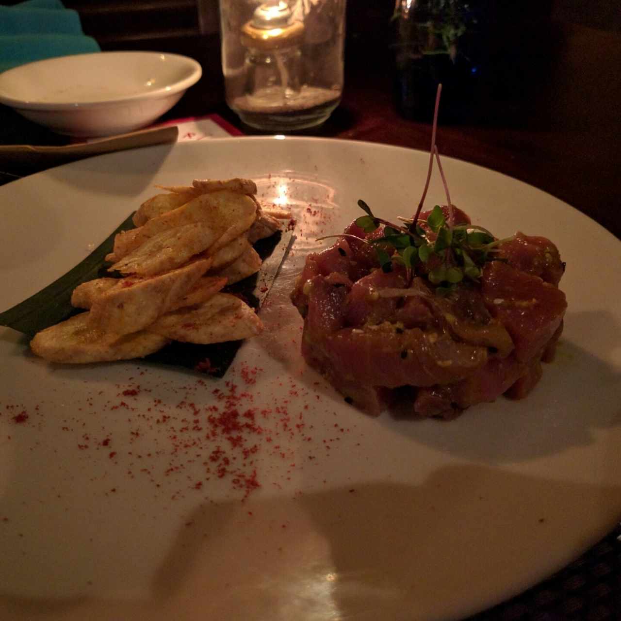 Tuna tartar with a side of green platain chips