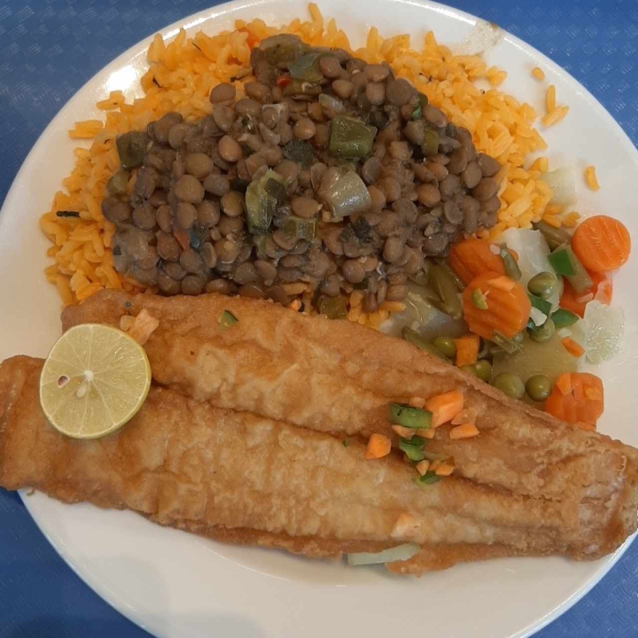 filete de pescado con lenteja, arroz especial y vegetsles