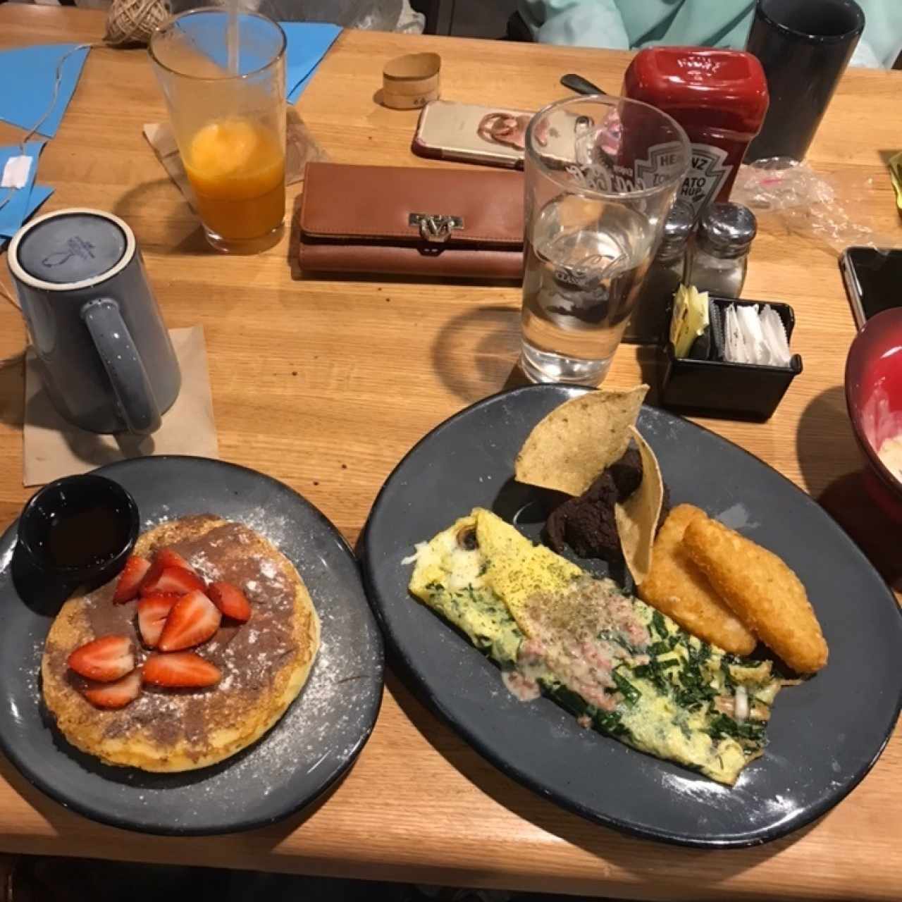 spinach omelet and pancakes 
