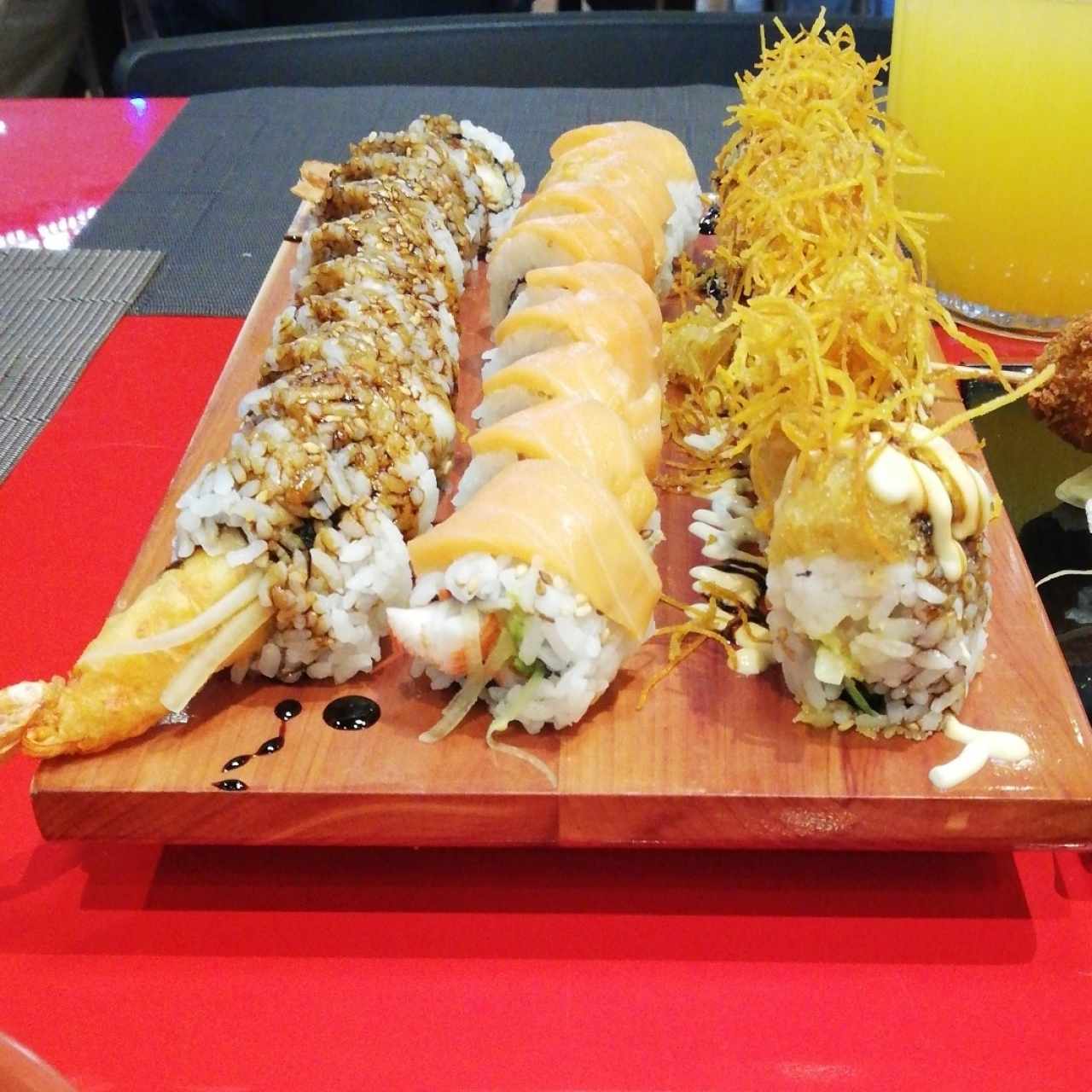 tempura shrimp roll, lava roll, alasca roll