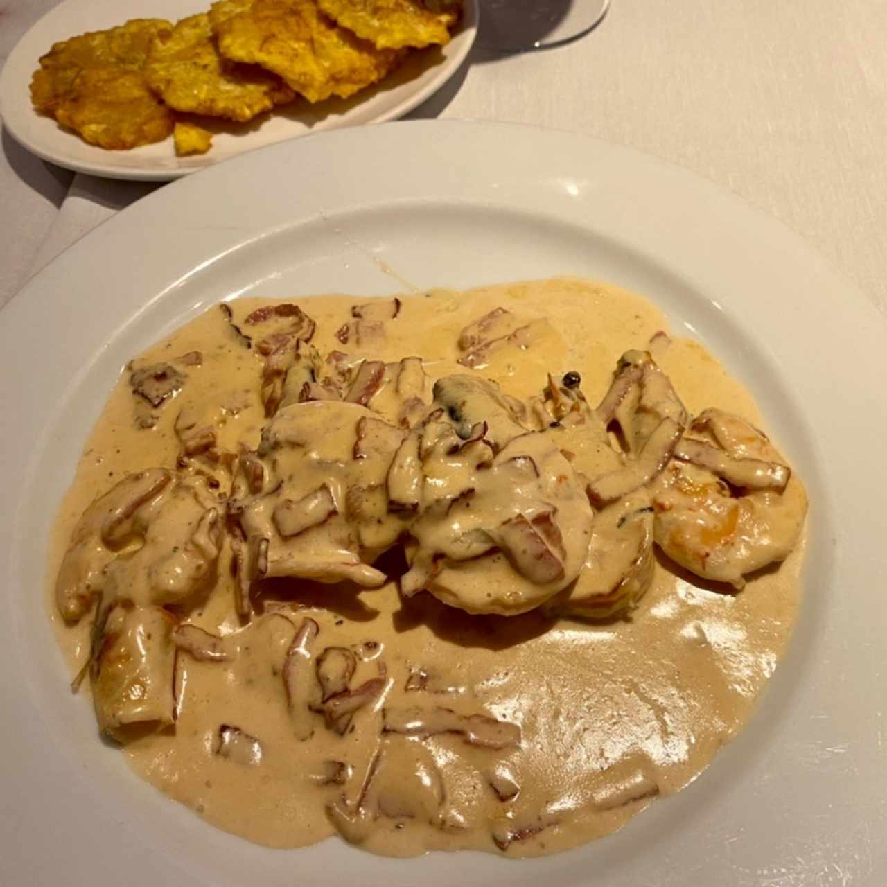 Langostinos a la Crema de Manchego y Beicon