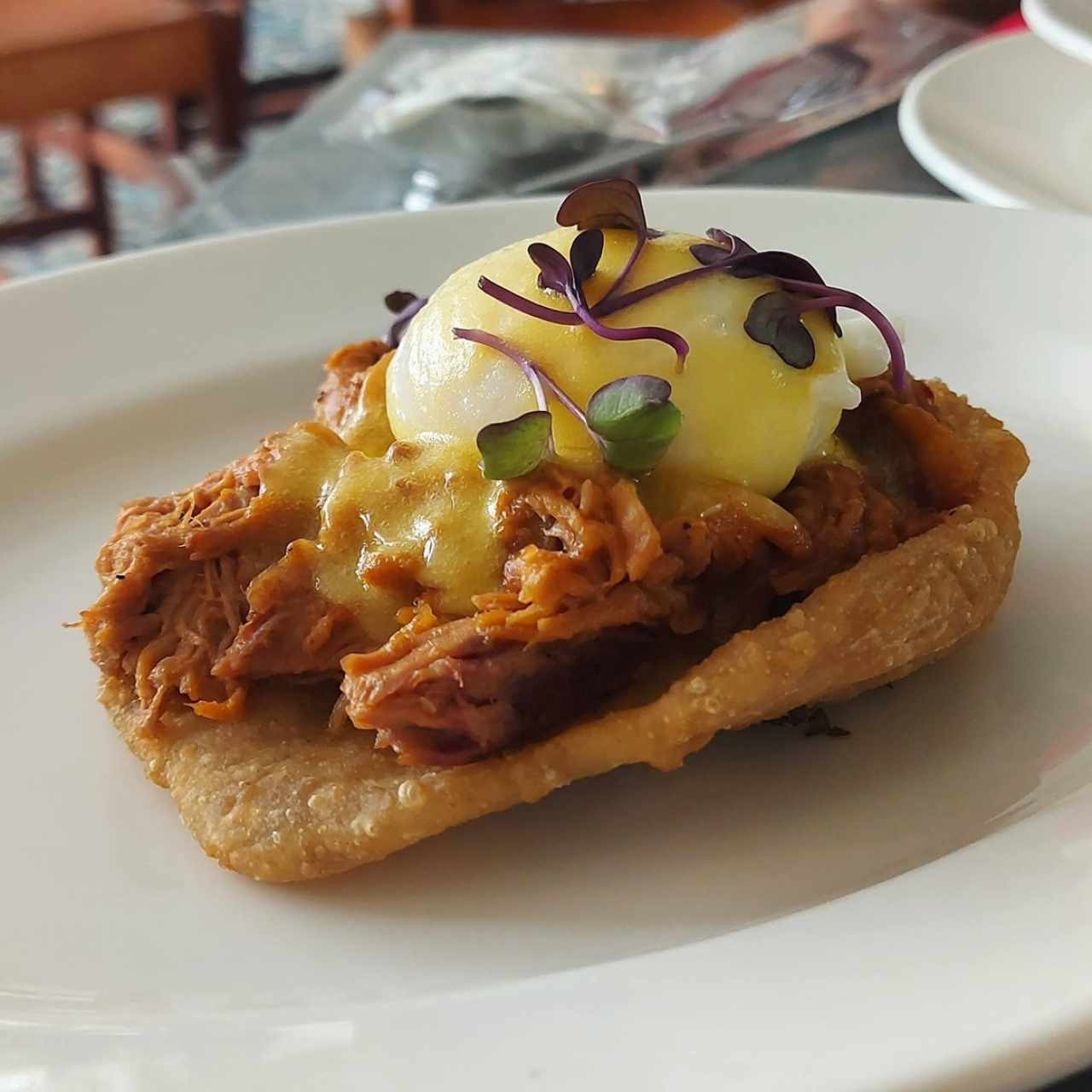 Poached egg with pulled pork