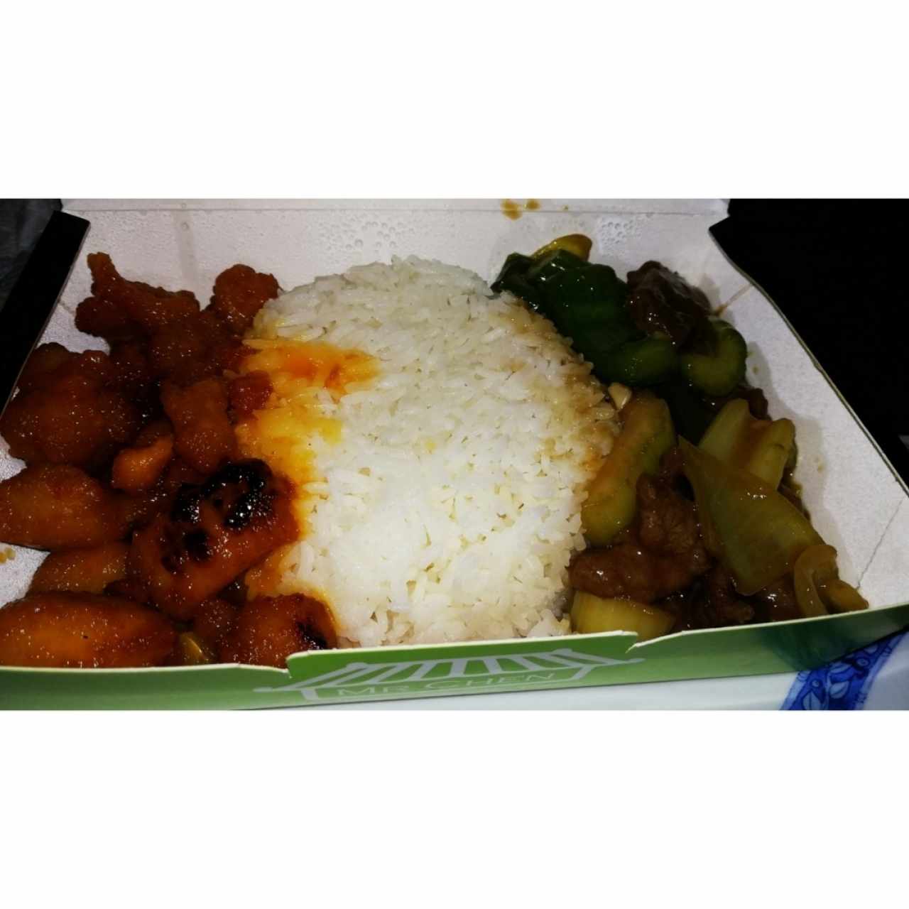 pollo a la naranja con arroz y carne con vegetales