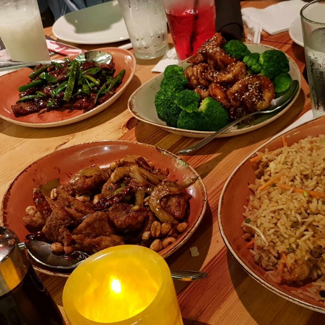 Ginger chicken with brocoli, Mongolian beef,  Rice with shrimp 