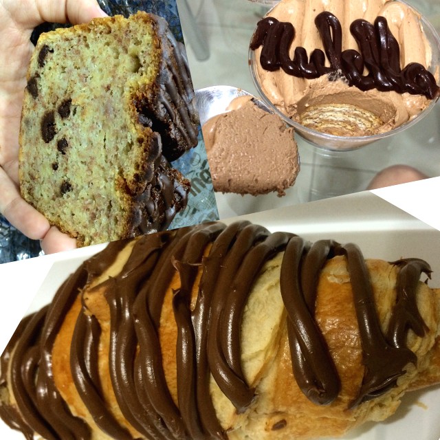 Cake de banana y chocolate, marquesa de nutella y croissant de nutella