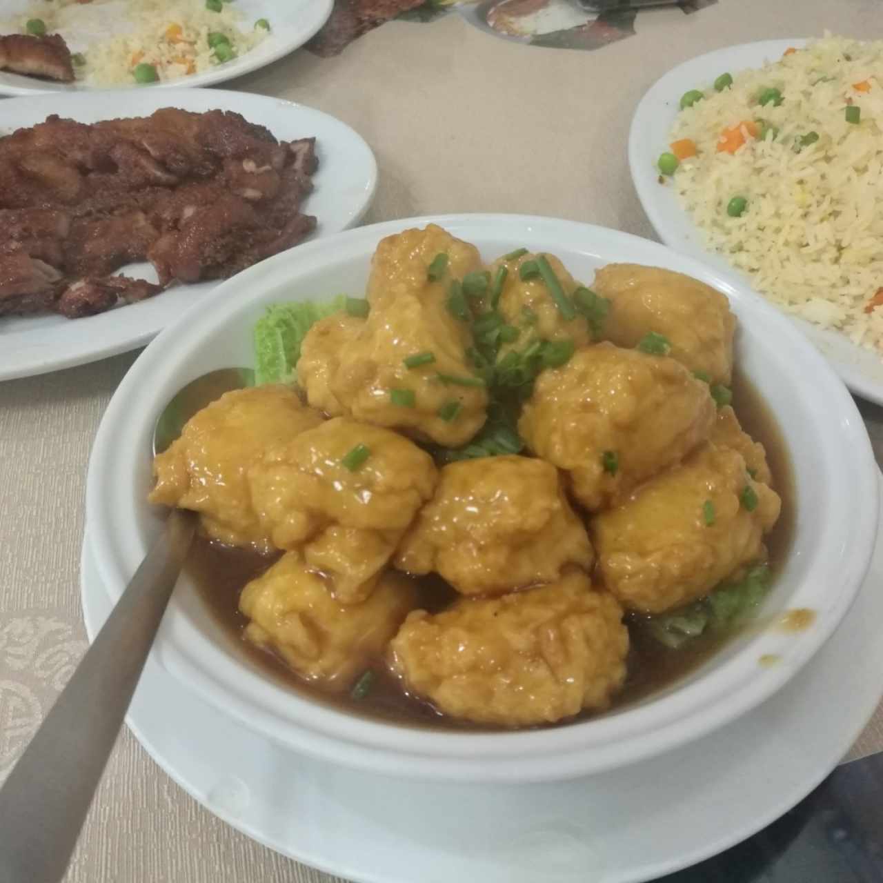 Pei pa Tofu, atras puerquito especial y arroz yang chow solo con vegetales.