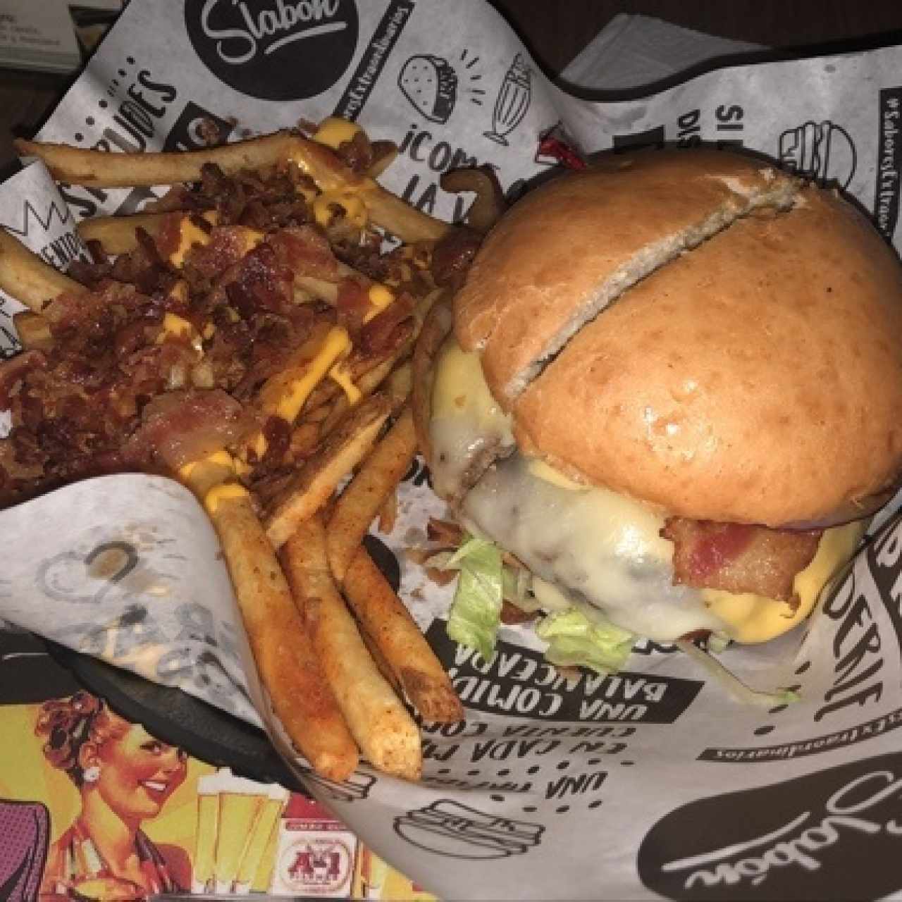 4 cheese burger and bacon and cheese french fries