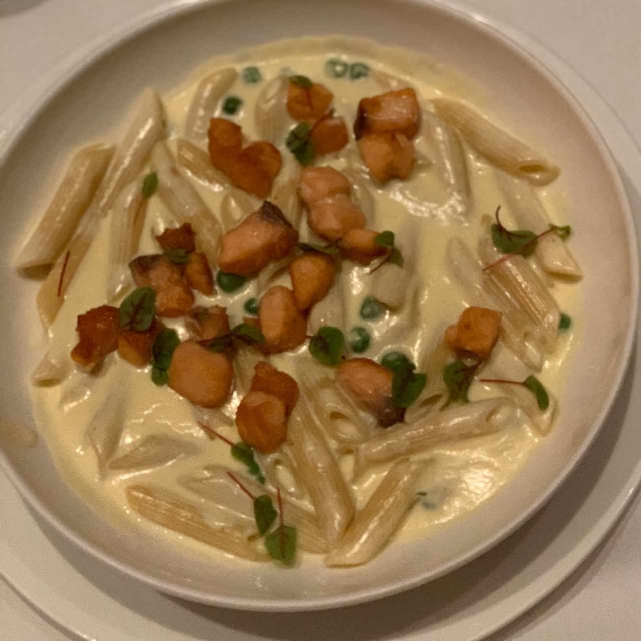 Trofie di Liguria, crema al limón y dados de salmón rostizados