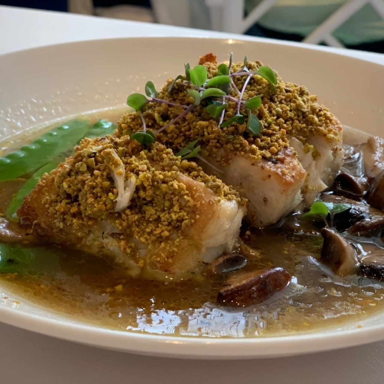 Pesca del día en costra de pistacho, champiñones fresco y emulsión de beurre noisette con sabor a trufa de verano