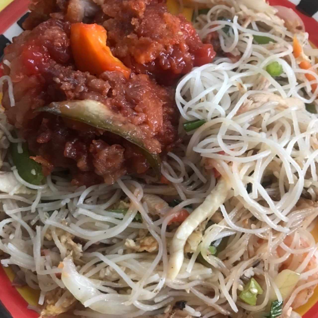 fideos cantones + puerco agridulce