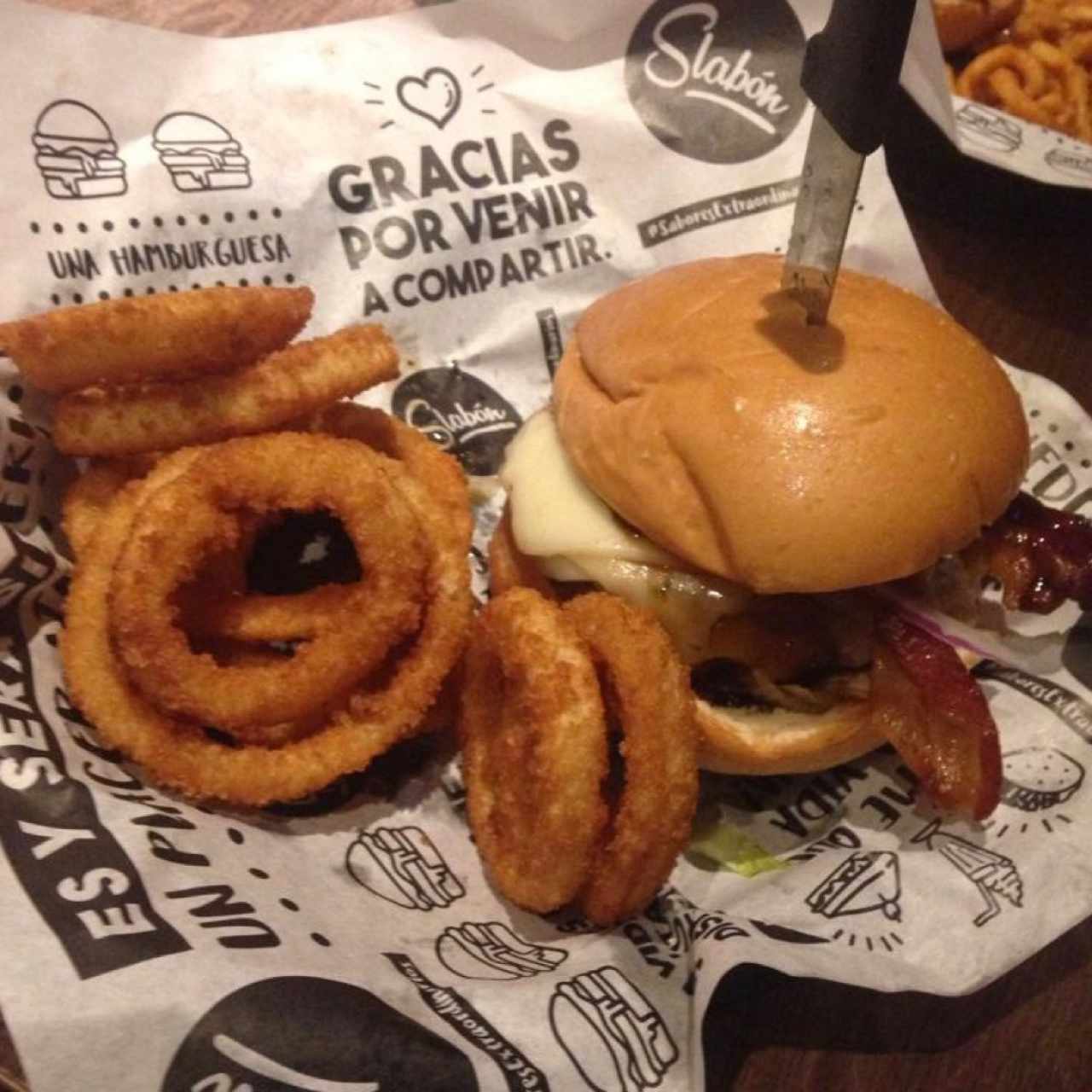 4 Cheese Bacon Burger with onion rings