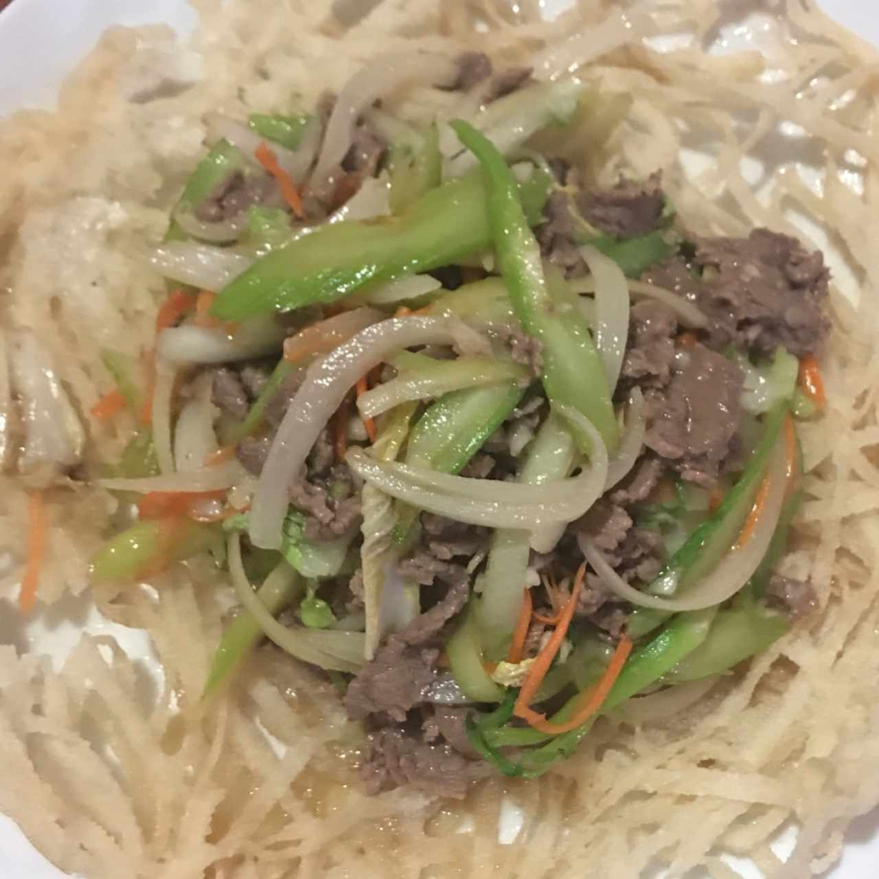 fideos fritos con carne, apio y vegetales varios