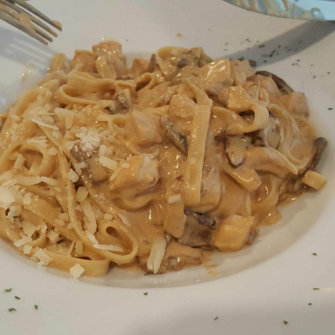 espaghetti con pollo en salsa fungi.