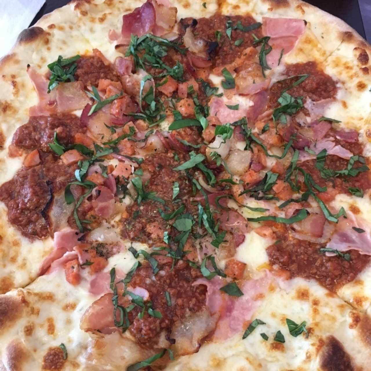 Pizza con bacon, salchicha, jamón y carne