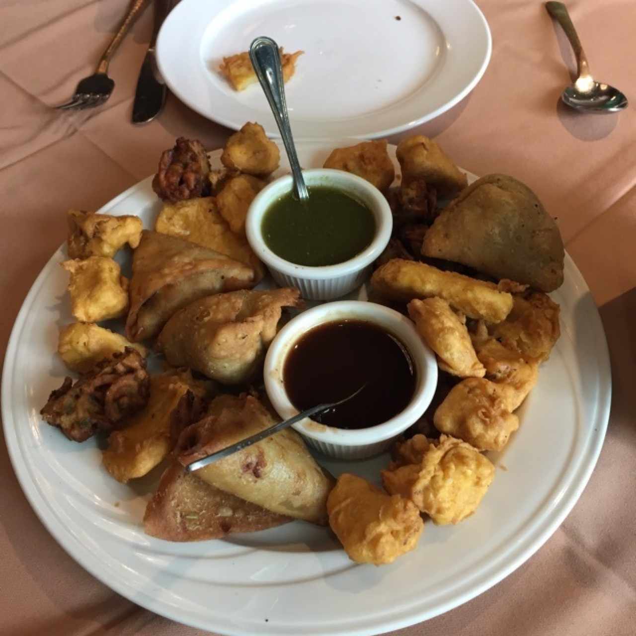 Plato de degustacion de entradas.  con dus deliciosas somosas