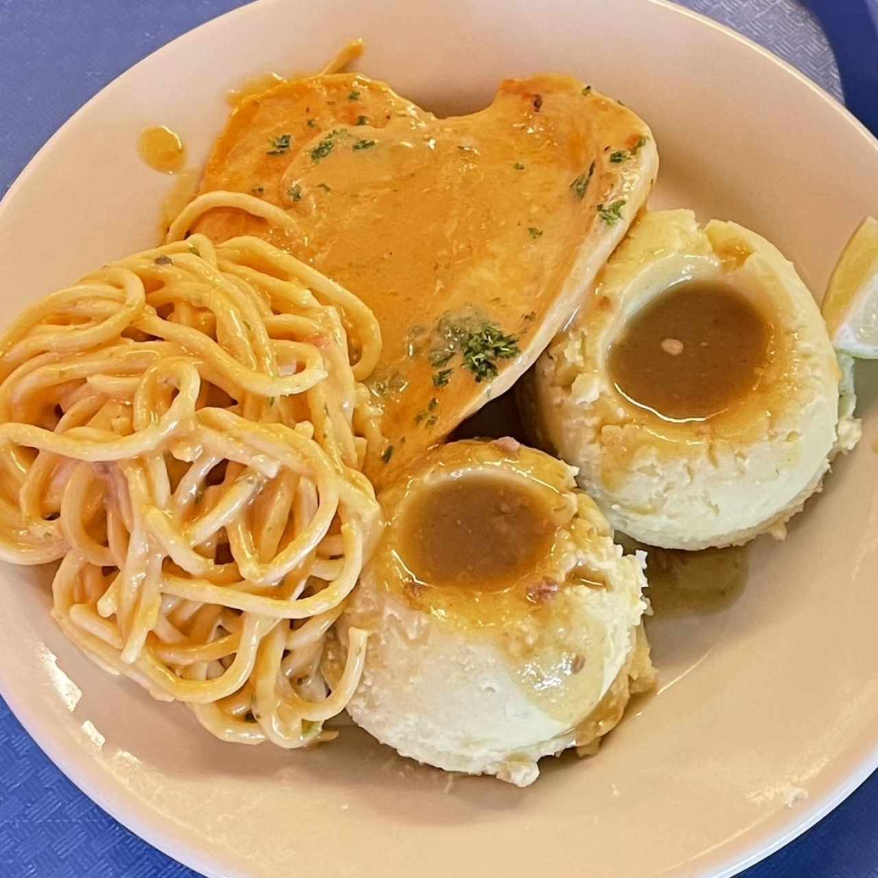 Espagueti puré pollo