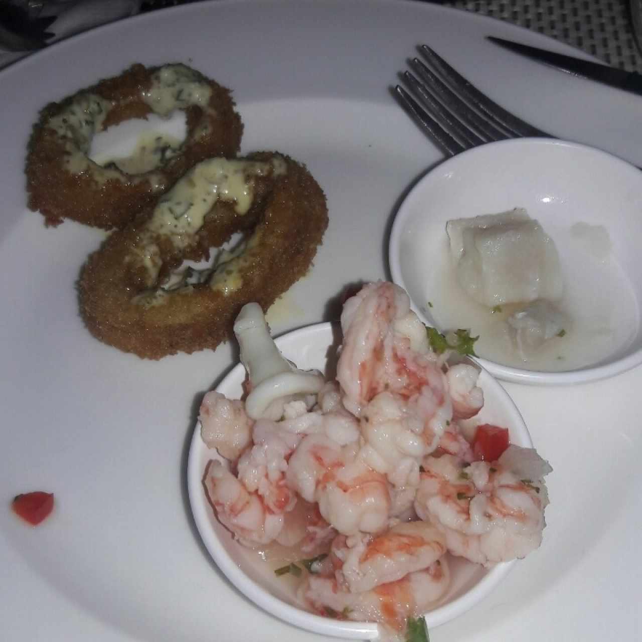 ceviche de camaron y calamares apanados