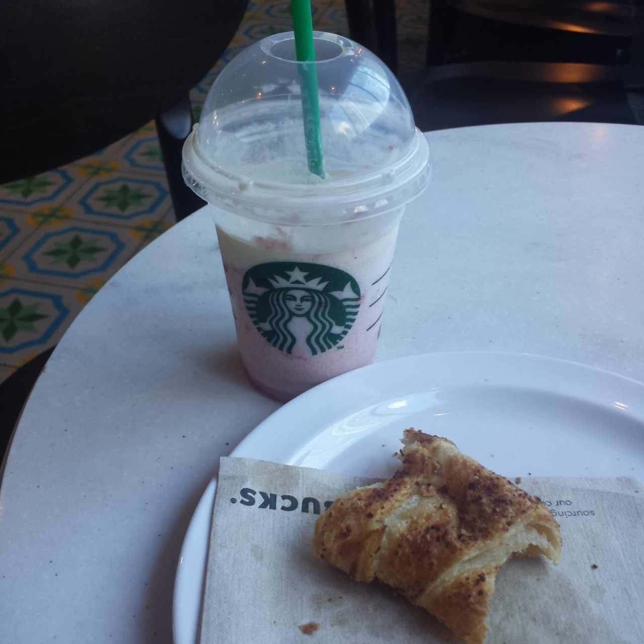 Strawberry creme Frappuccino with Ham and Cheese Croissant 