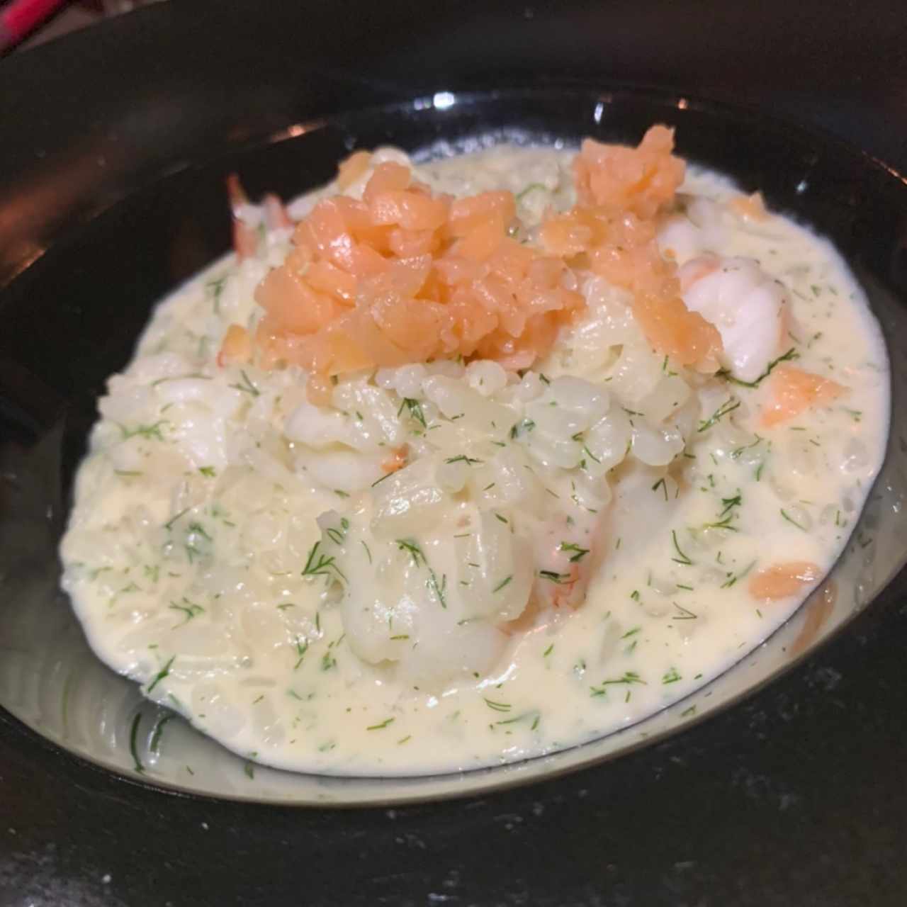 RISOTTO DE LANGOSTINOS con Gravlax de Salmón y salsa de Eneldo