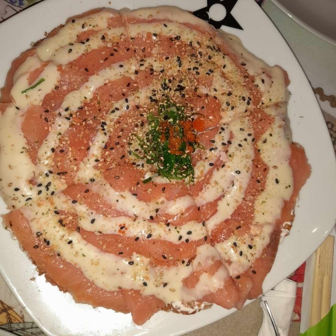 Smoked salmon sushi pizza
