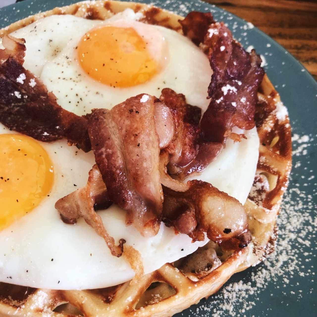 waffles, eggs and bacon