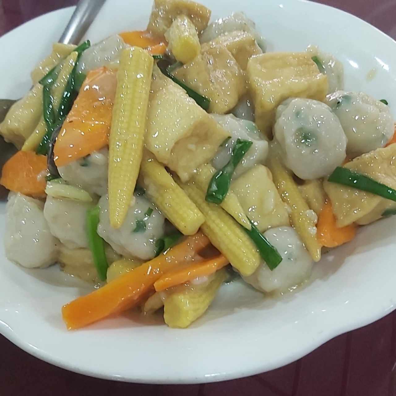 Tofu con bolitas de pescado y vegetales