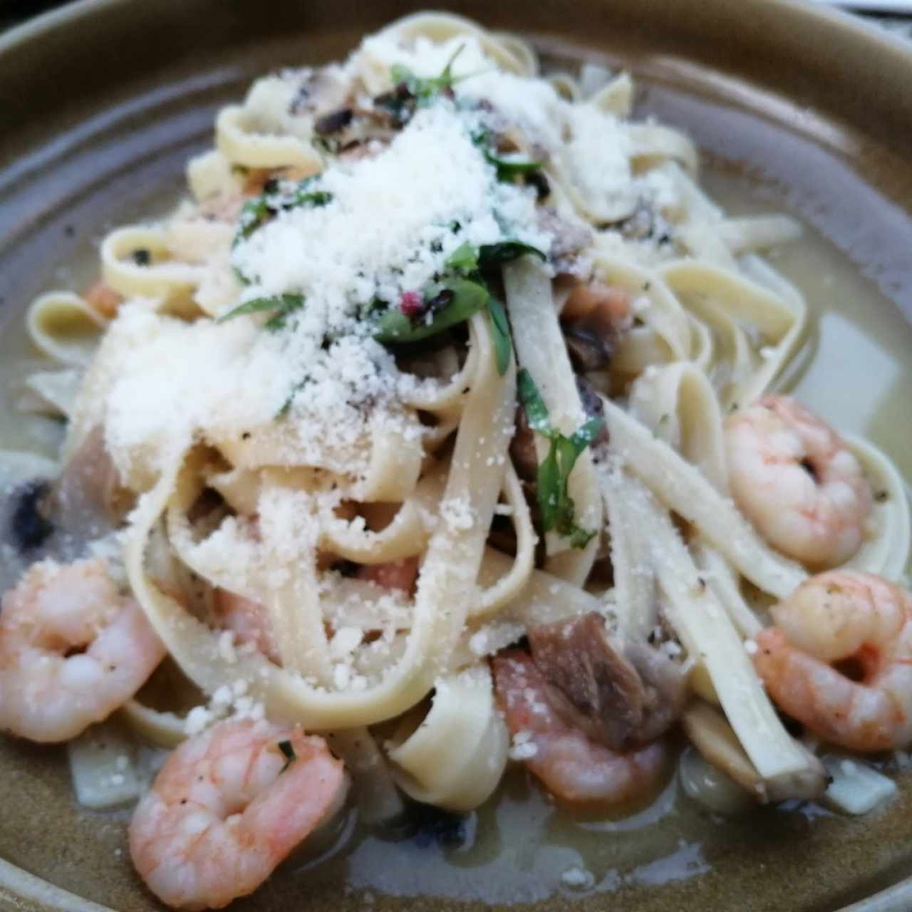 Pasta con camarones e fungui al óleo 