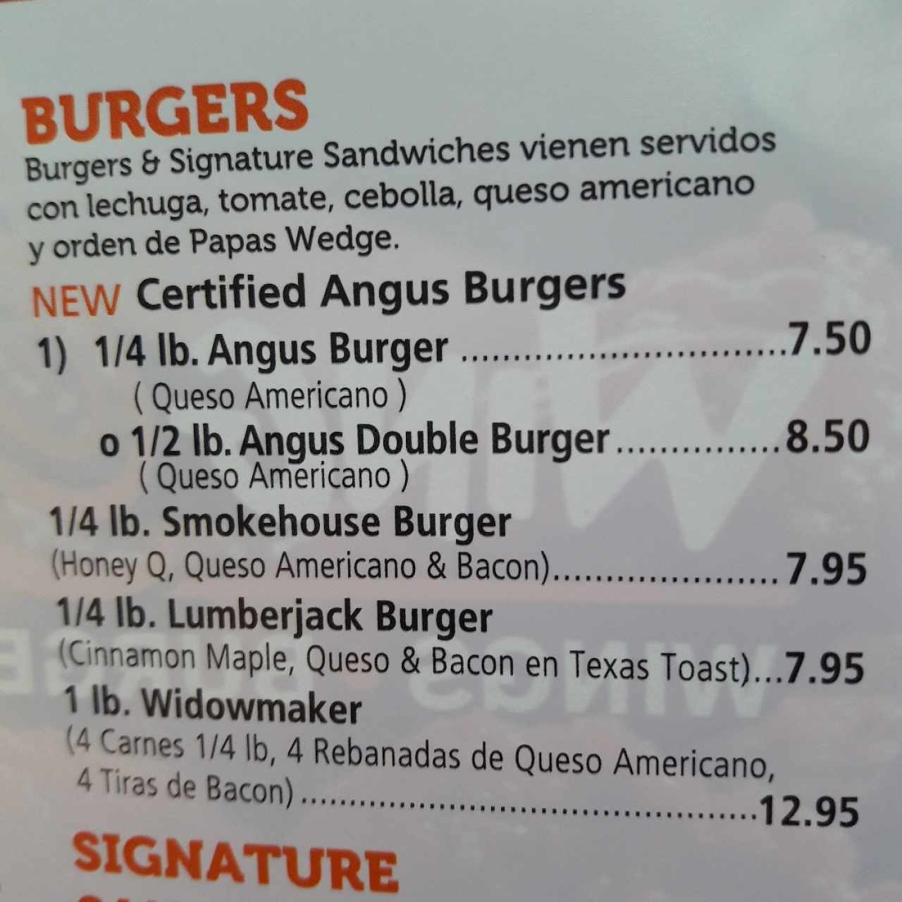 el menù de Burgers
