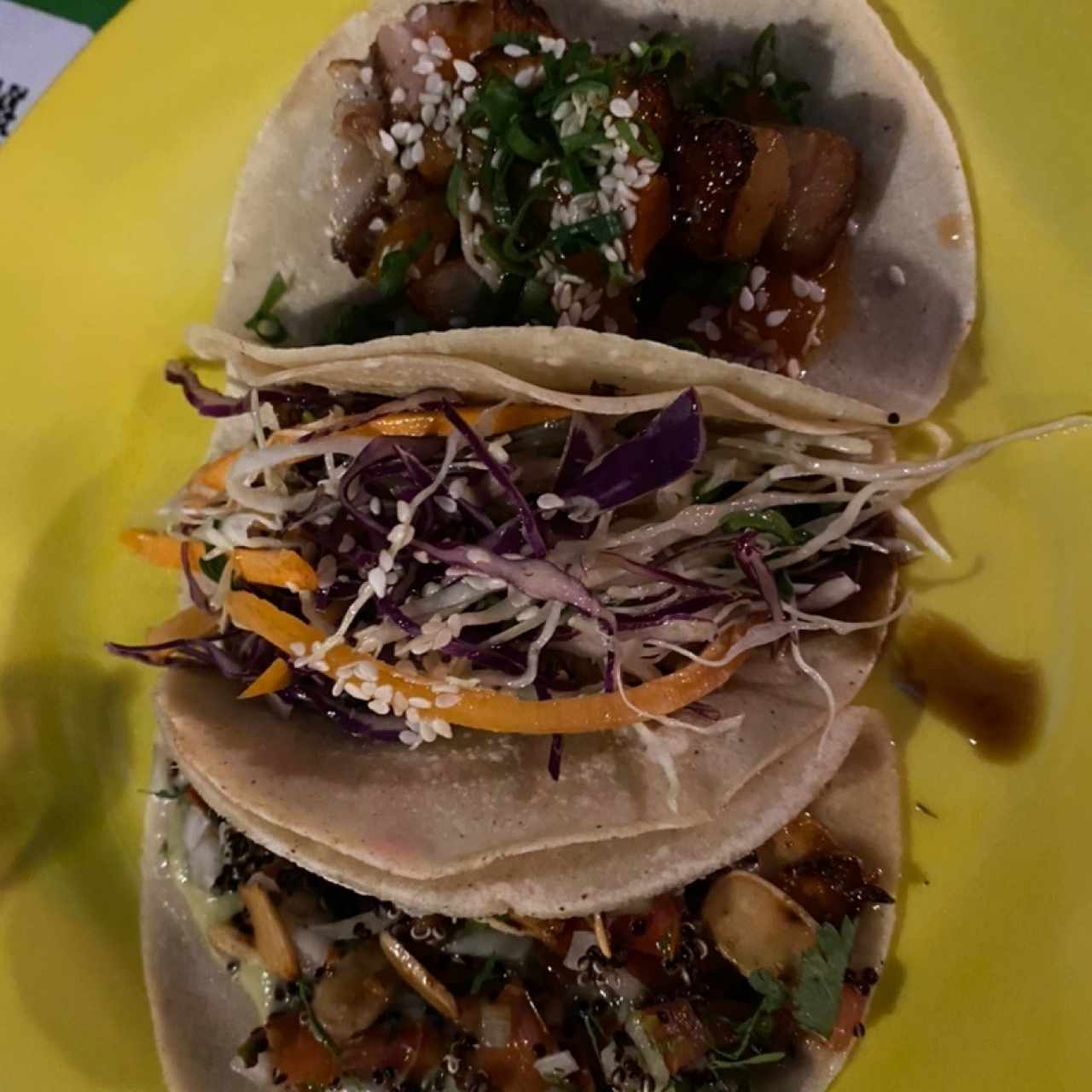 tacos de quinoa, asian teriyaki, panza agridulce 