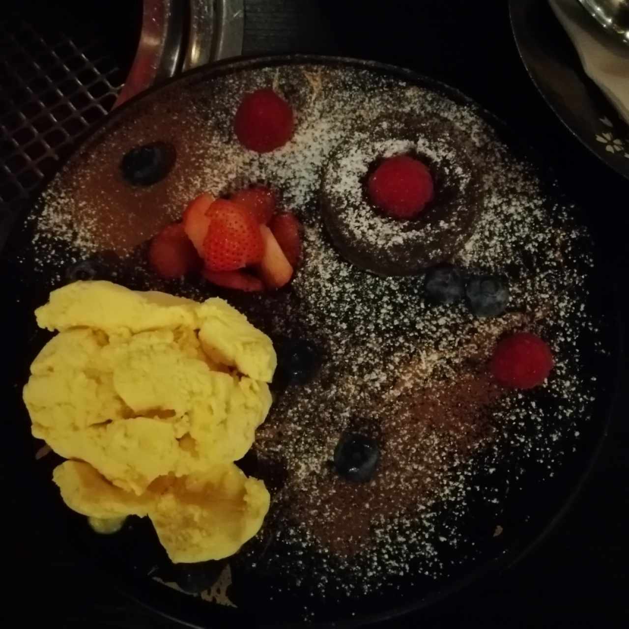 lava cake with mango ice cream