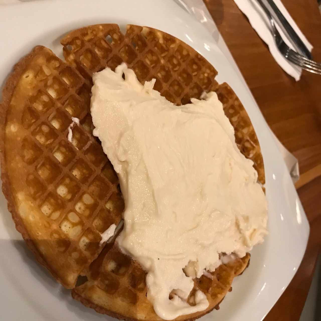 waffle plain with vanila ice cream