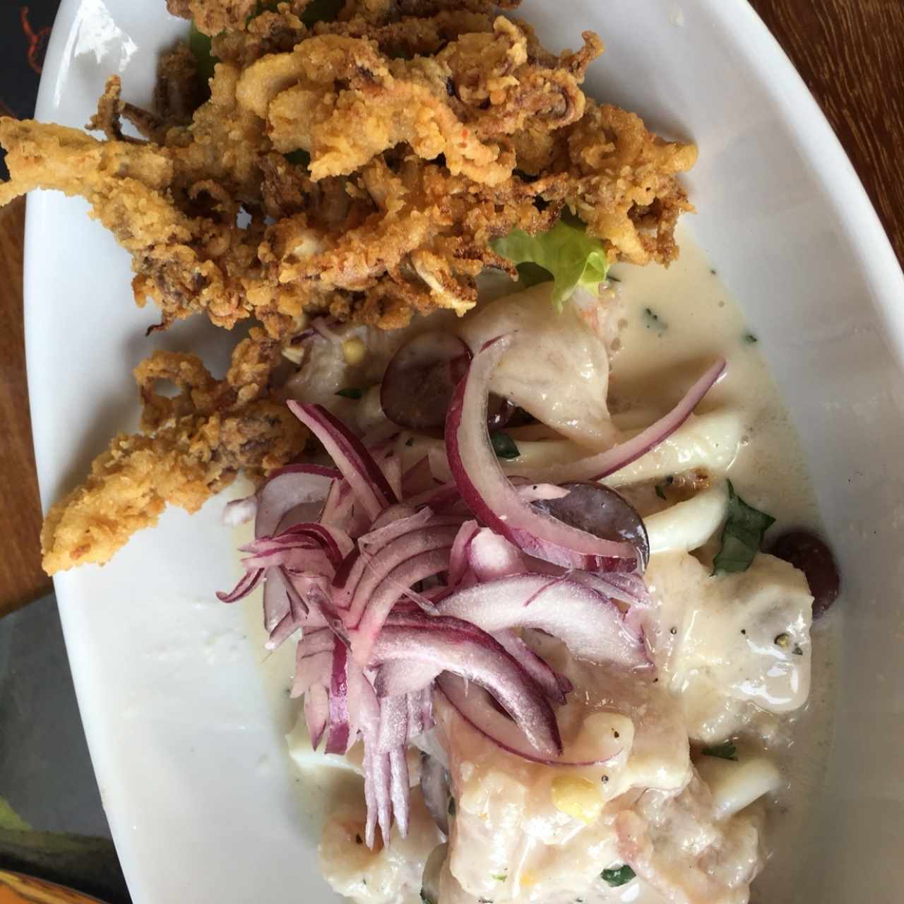 Mariscos en salsa de coco + arañitas 😋