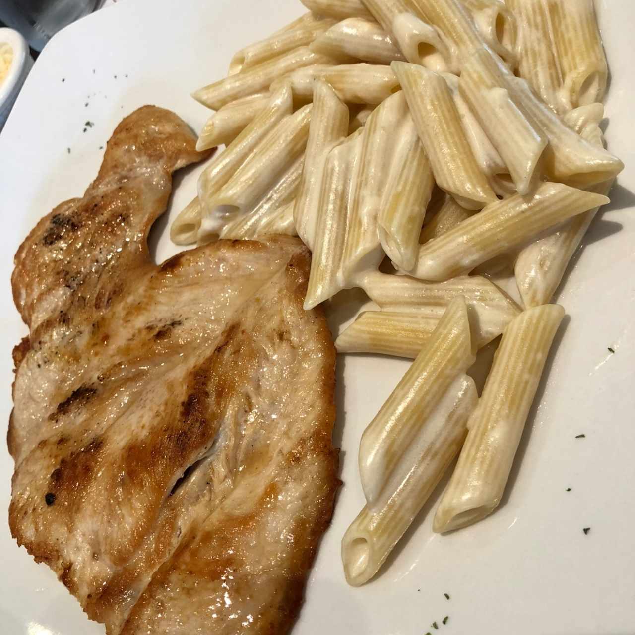 Pollo a la Plancha con pene en salsa blanca