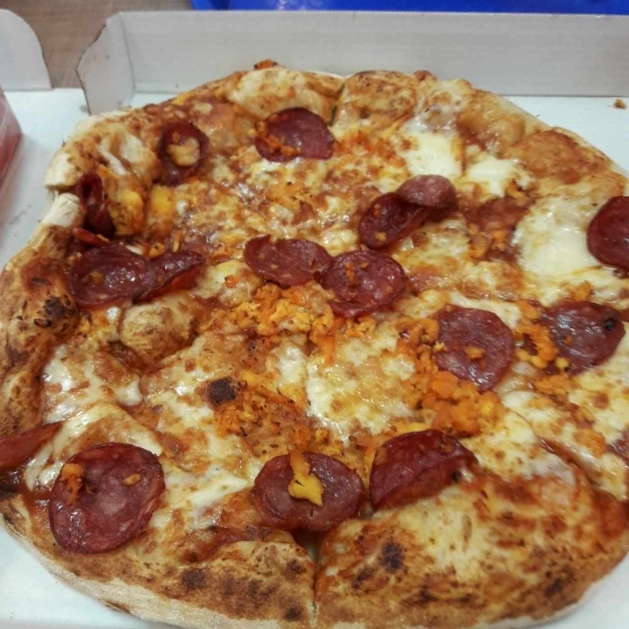 pizza, pollo, salami y chorizo 