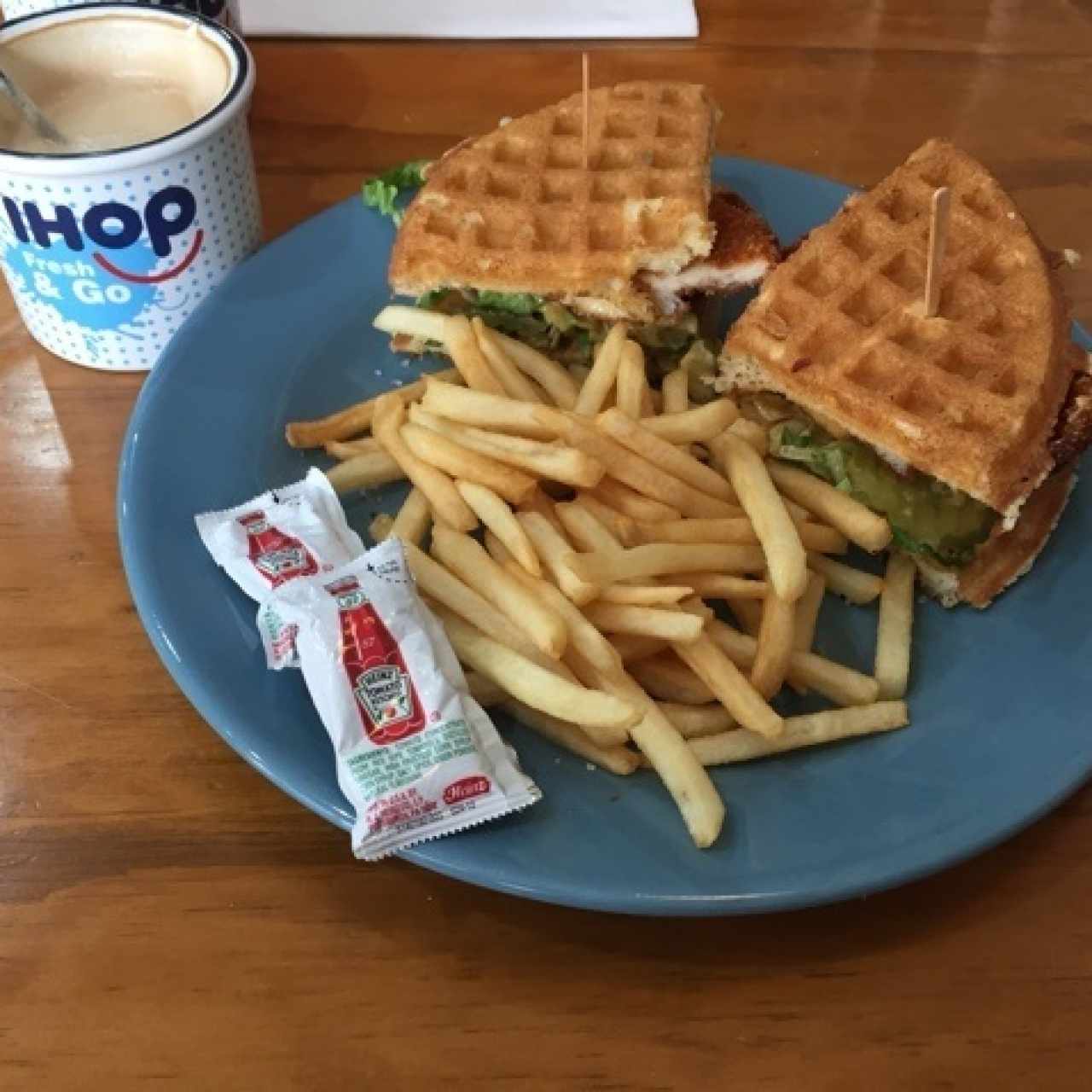 Wafle and Chicken sandwich.