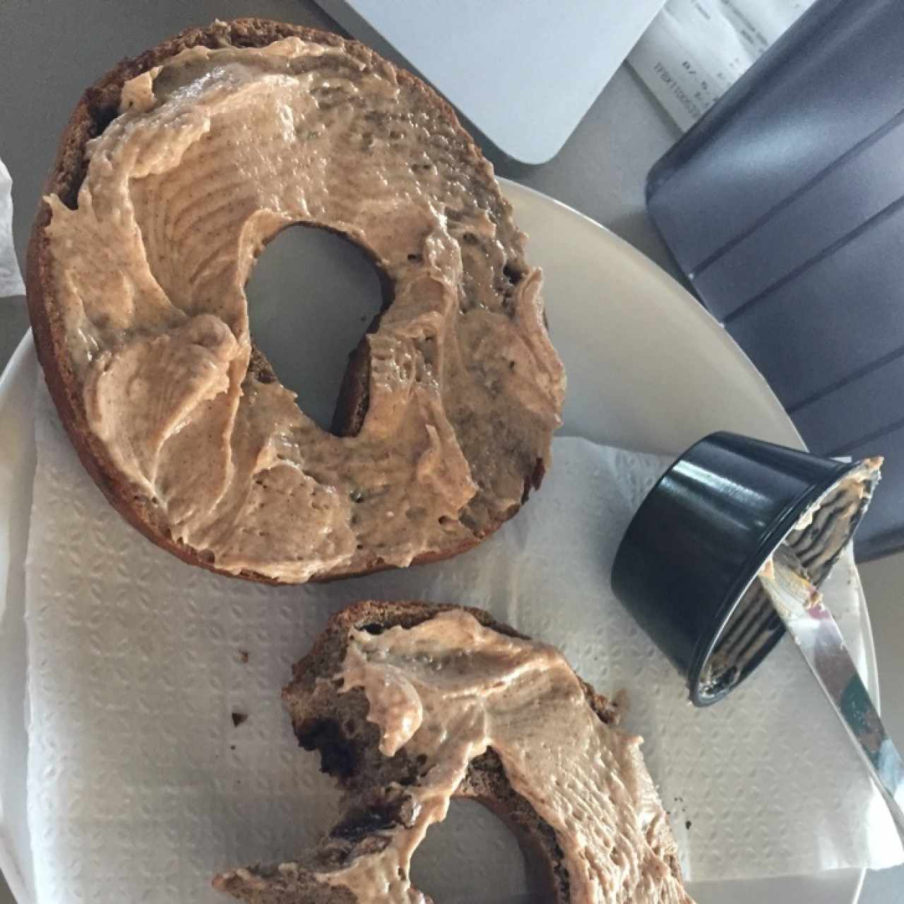 chcolate chip bagel with cinnamon cream cheese