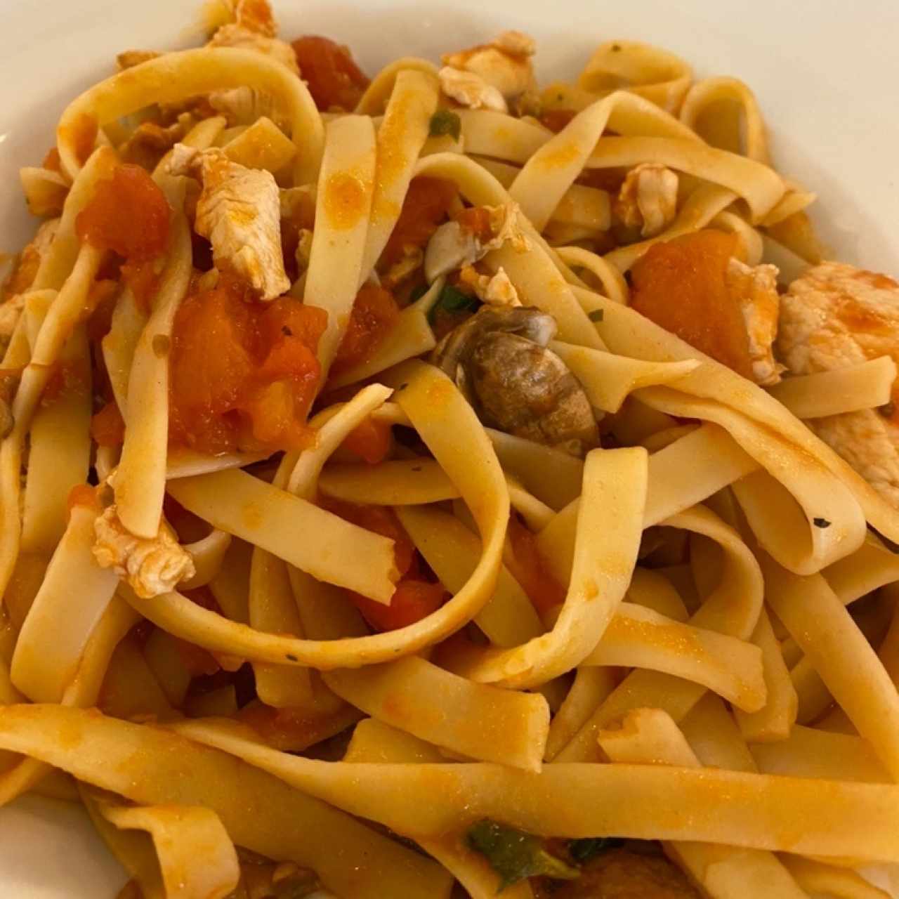 Pasta con pollo y hongos - salsa tomate