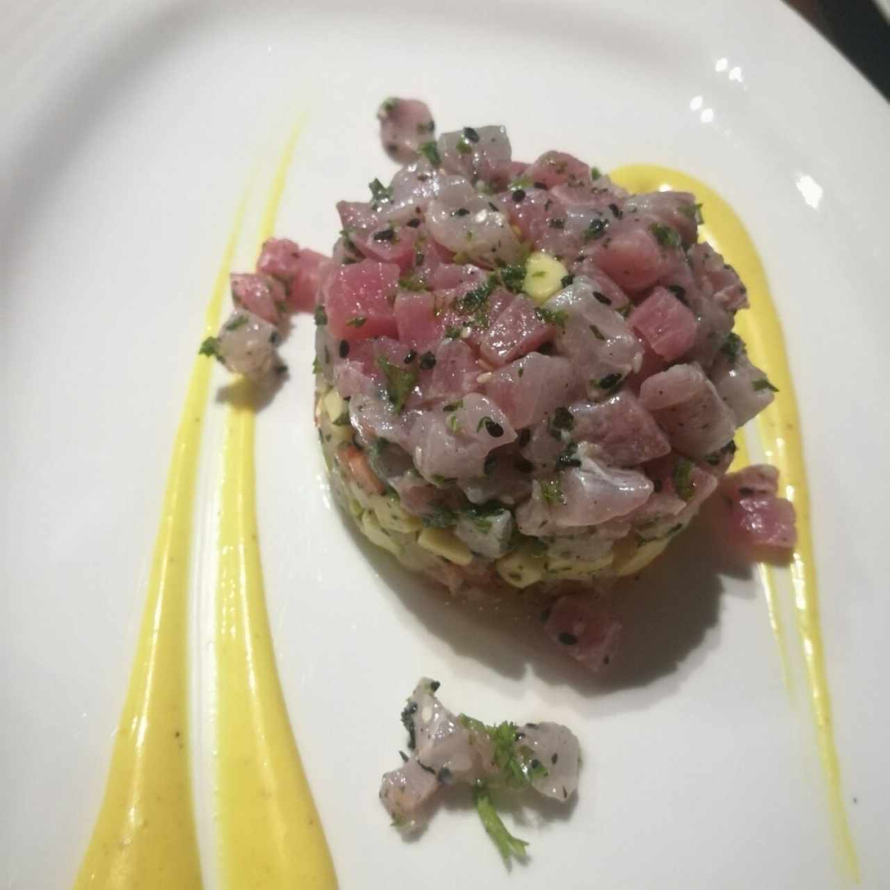 Tartar de atún y pescado, guacamole en trozos, totopos de maíz y alioli de azafrán