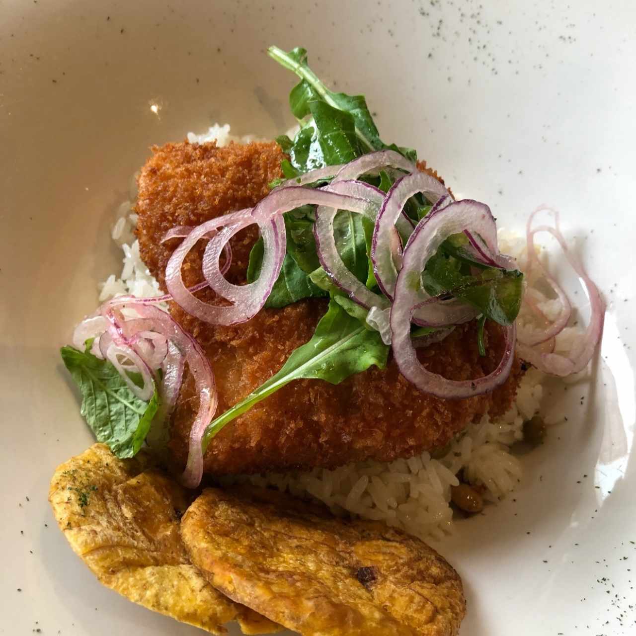 corvina apanada con arroz con coco