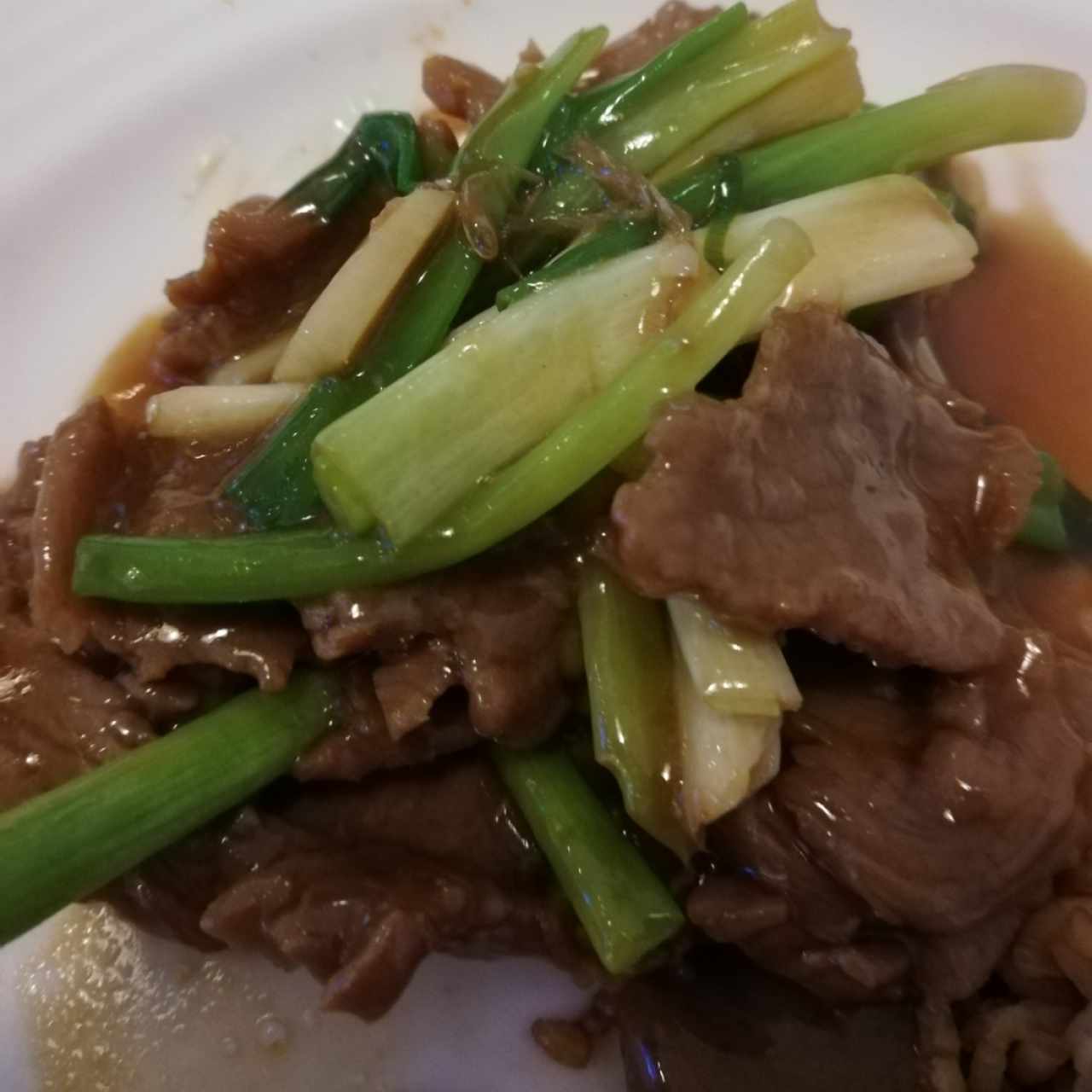 Carne con cebollin y salsa de jenjigre