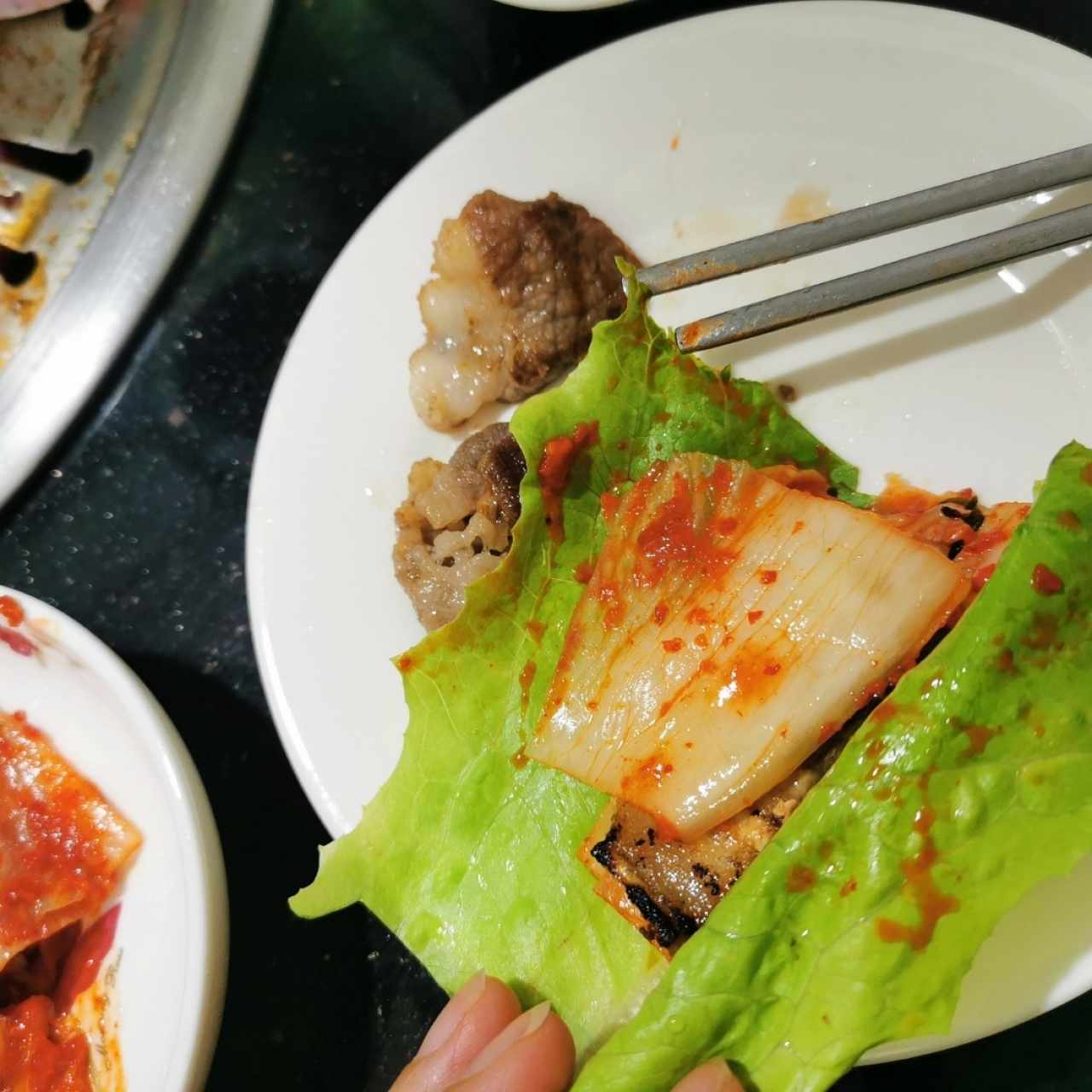 Lechuga, kimchi + carne y costilla 😍✅💯👍