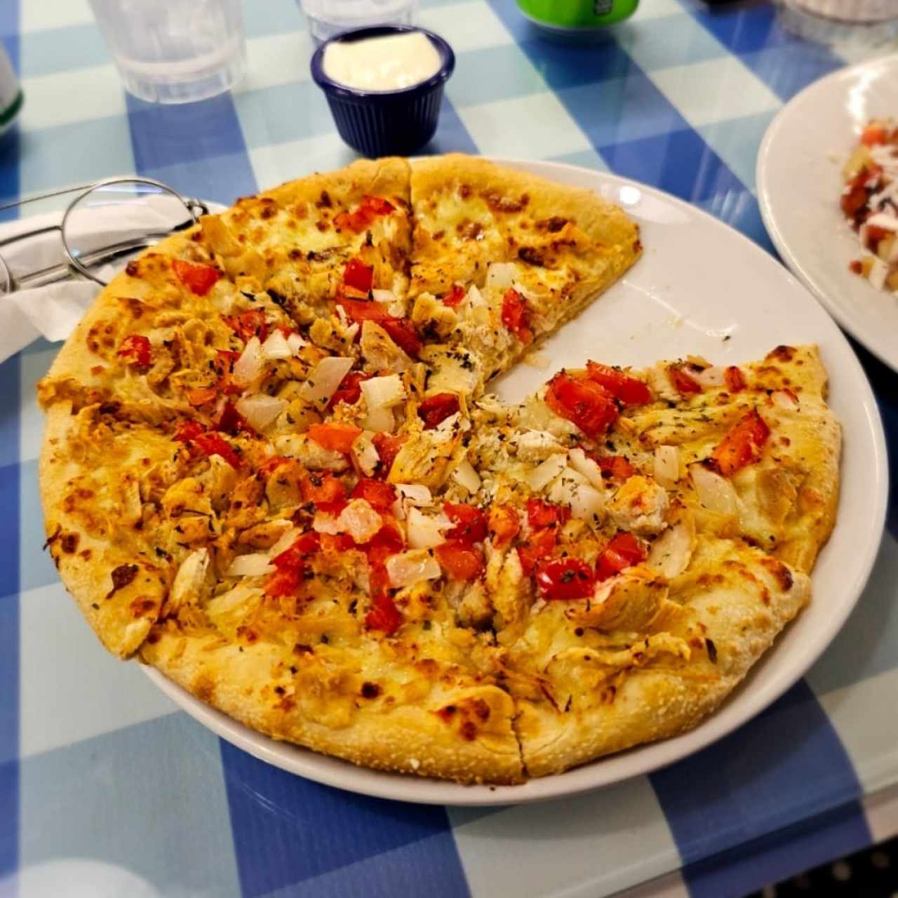 Pizza de pollo especial y salsa satsiki