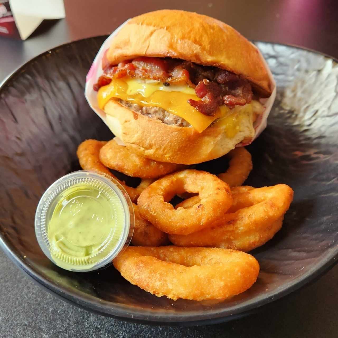 Bite Me burger with Onion Rings