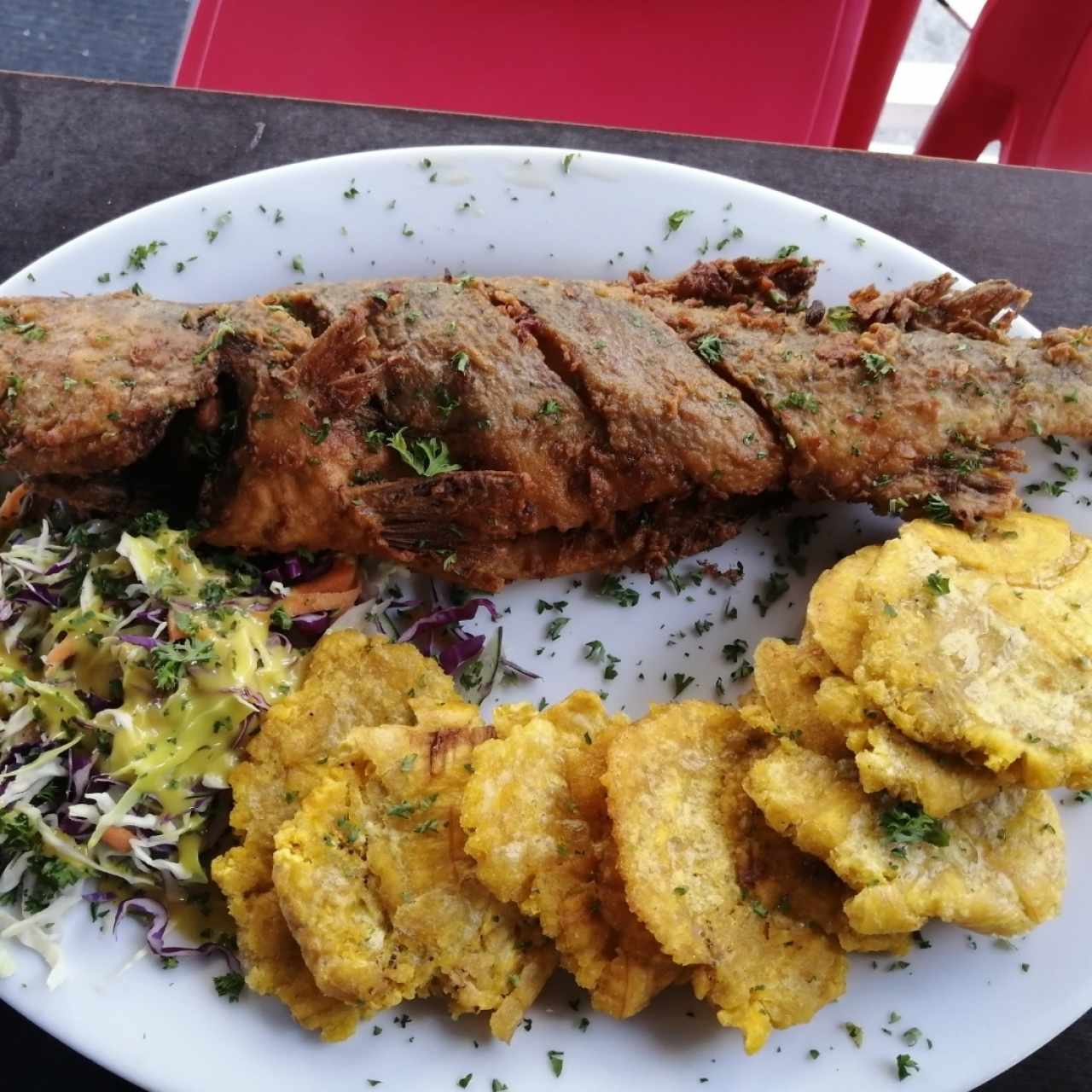 Corvina frita con patacones