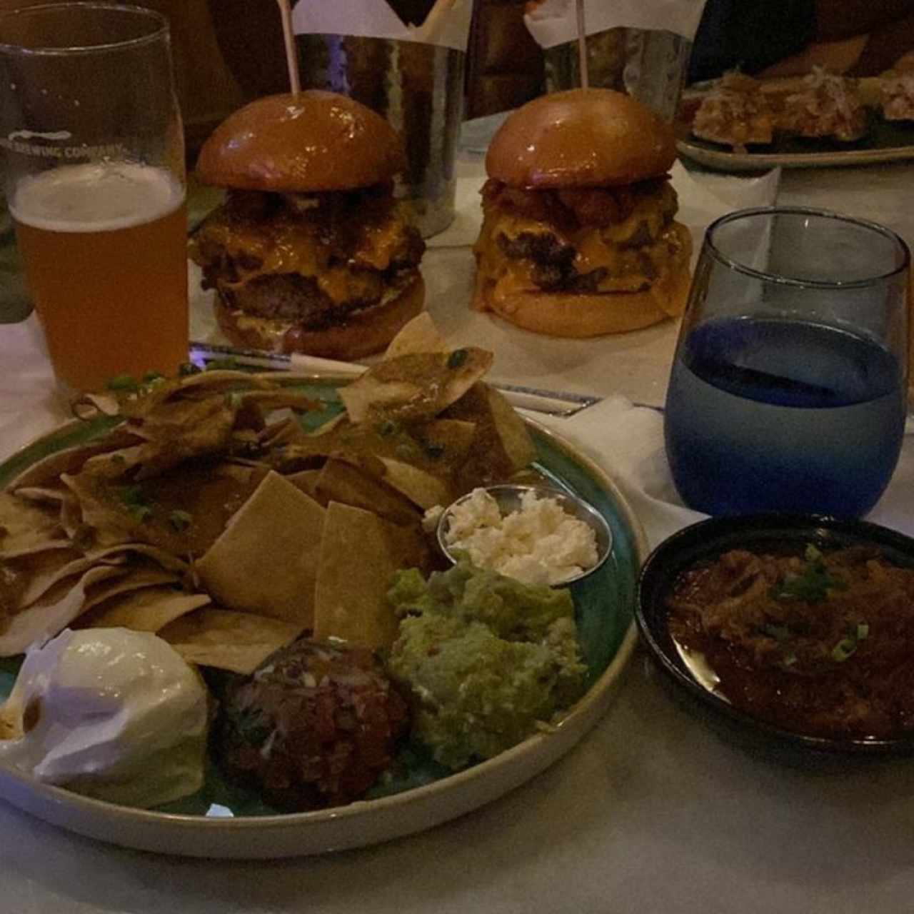 smoked pork nachos+ monster burger 