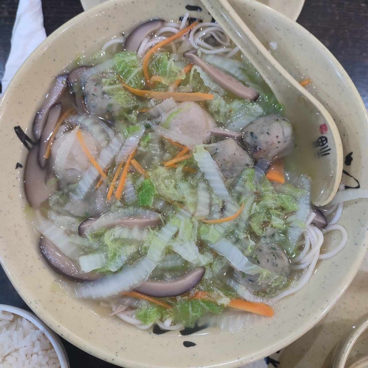 Sopa de fideos con bolitas de vegetales y soya