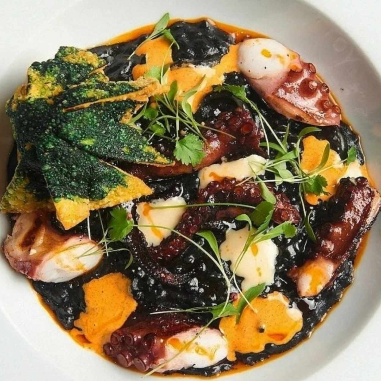 arroz meloso con tinta de calamar y pulpo a la brasa 