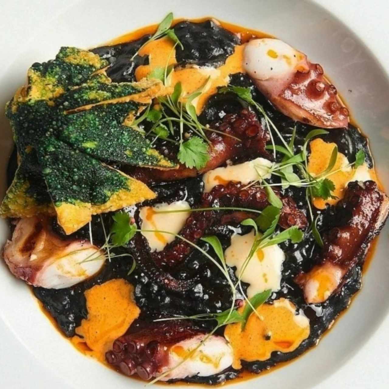 arroz meloso con tinta de calamar y pulpo a la brasa 