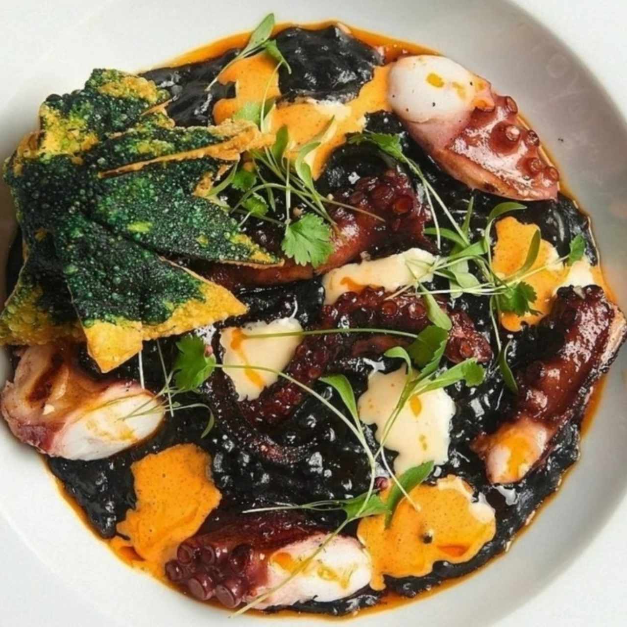 pulpo a la brasa con arroz meloso de tinta de calamar 